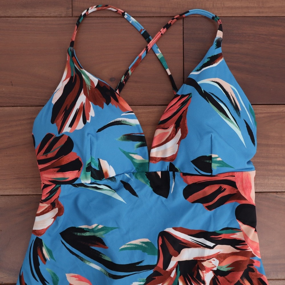 Calia Womens 16 Strappy Back One Piece Swimsuit Tranquil Blue Floral - Picture 6 of 8